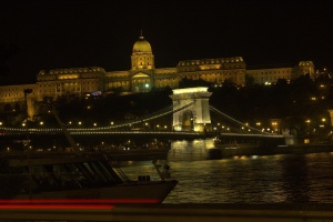Zoom in Budapest by night castle and chain bridge Lánchíd és a vár